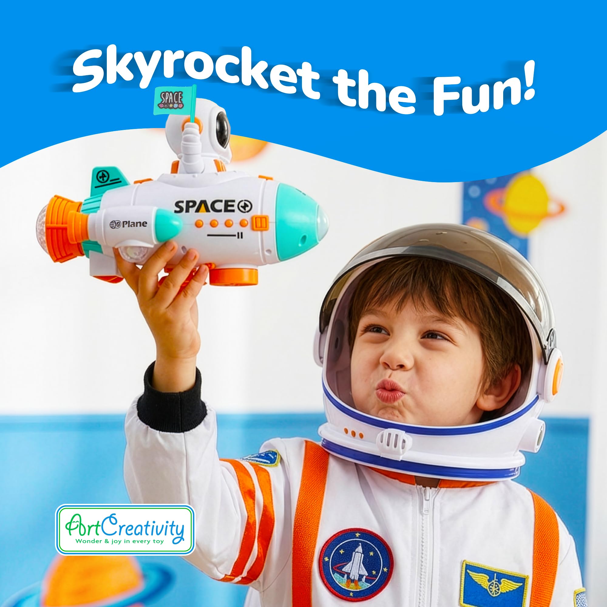 ArtCreativity space rocket LED lights enhance visibility and room ambience.
