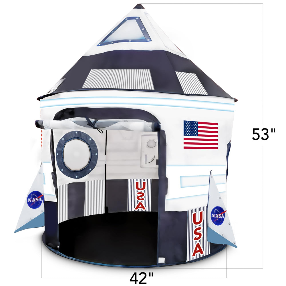 ArtCreativity rocket tent door rolled up for easy access during adventures.