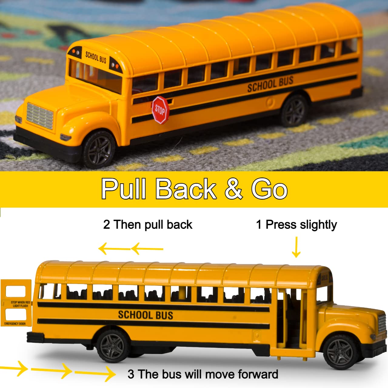 ArtCreativity yellow bus side view highlights authentic design and smooth rolling rubber tires.