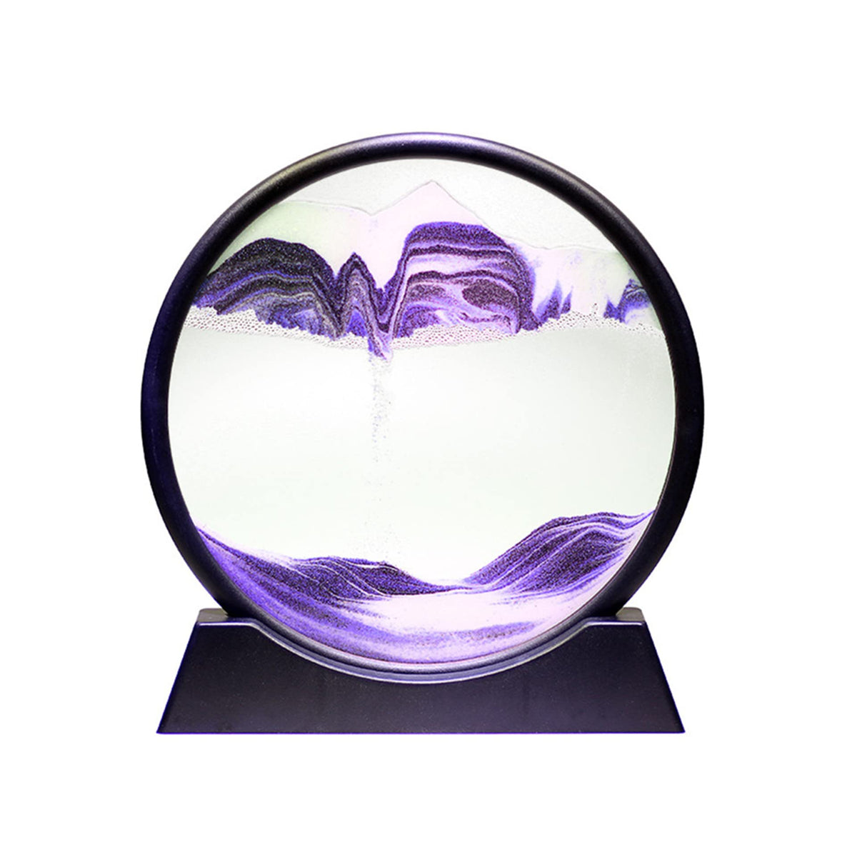 Arthink moving sand art in round glass frame for calming desk decor.