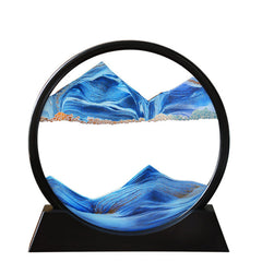 Arthink Moving Sand Art Picture with round glass shows dynamic 7-inch blue scenery for desk relaxation.