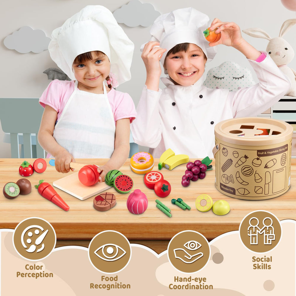 Arthopt wooden knives and cutting board enabling safe pretend slicing and motor practice.