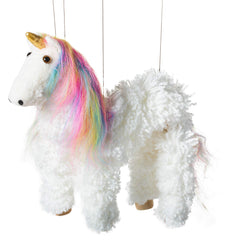 Artisan Owl rainbow mane unicorn puppet with wooden feet for durable pretend play