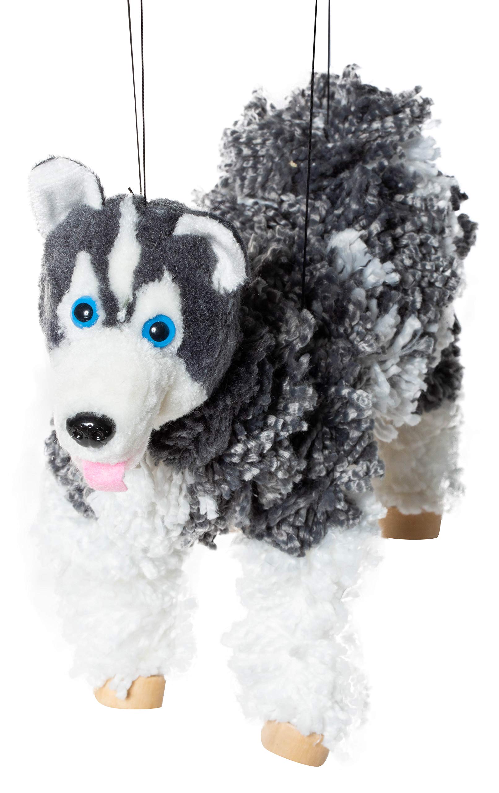 Artisan Owl husky puppet featuring sturdy wooden feet for stable posing.