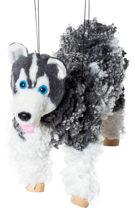 Artisan Owl husky puppet featuring sturdy wooden feet for stable posing.