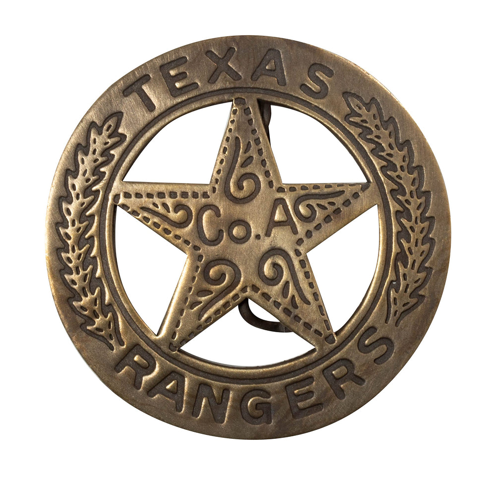 Artisan Owl Texas Rangers brass badge, front view with antique finish for authentic western cosplay