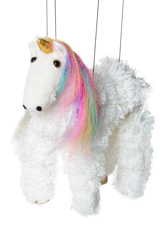 Artisan Owl unicorn puppet with detachable strings for easy untangling during storytelling