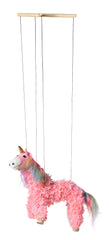 Artisan Owl pink unicorn marionette with cross sticks enabling graceful movement