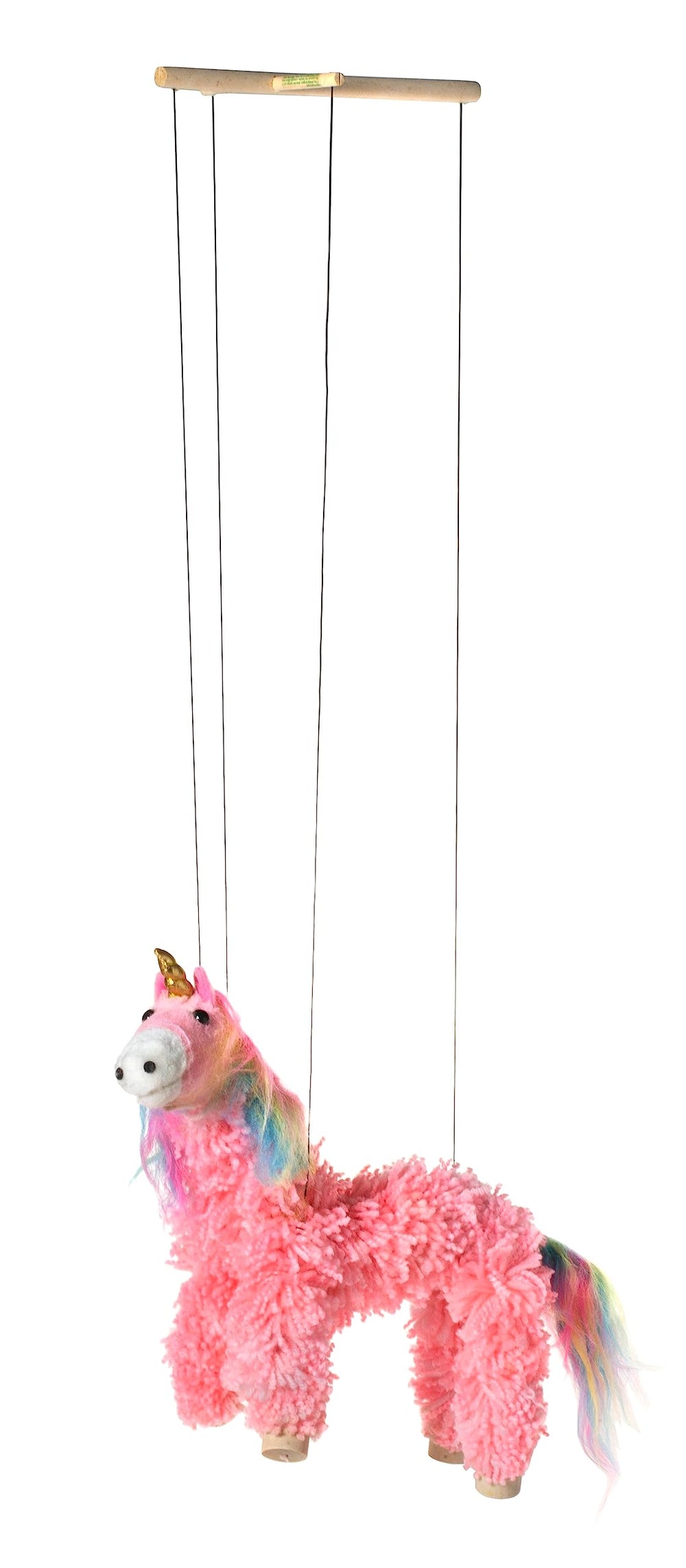 Artisan Owl yarn unicorn marionette with detachable strings for versatile storytelling