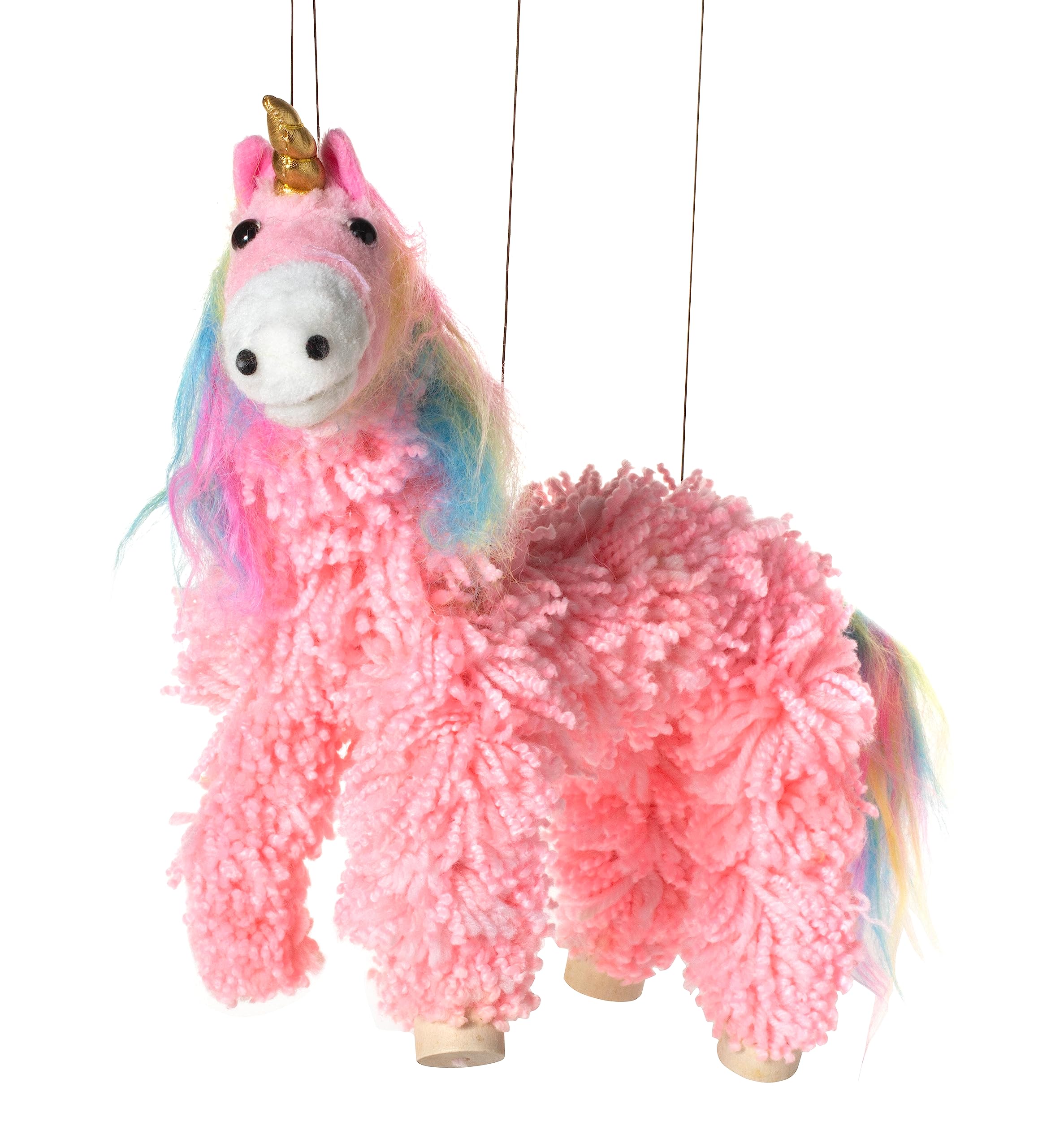 Artisan Owl pink unicorn marionette puppet with wooden feet for sturdy pretend play