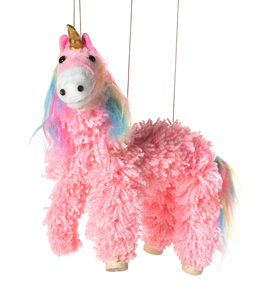 Artisan Owl pink unicorn marionette puppet with wooden feet for sturdy pretend play