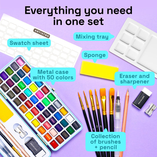 ARTISTRO 50 watercolor colors array closeup shows rich pigments for creative projects.