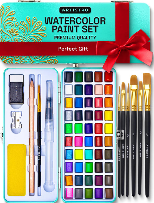 ARTISTRO 50 watercolor paint set in tin open, vibrant colors ready for art sessions.
