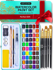 ARTISTRO 50 watercolor paint set in tin open, vibrant colors ready for art sessions.