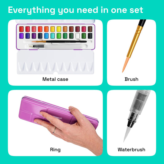 ARTISTRO travel watercolor set in portable tin box for easy painting anywhere.