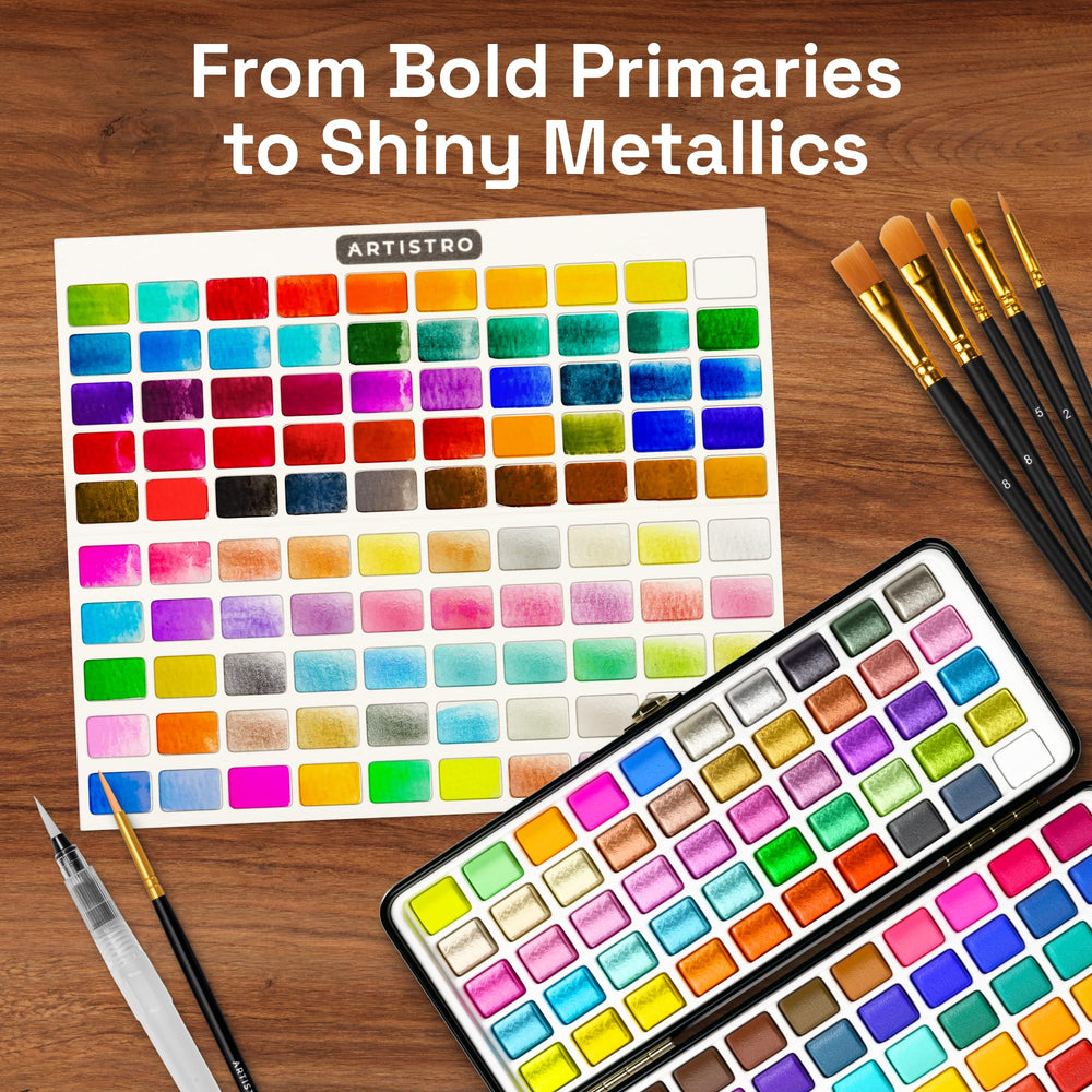 ARTISTRO Watercolor Paint Set shows high-pigment pans enabling smooth blending