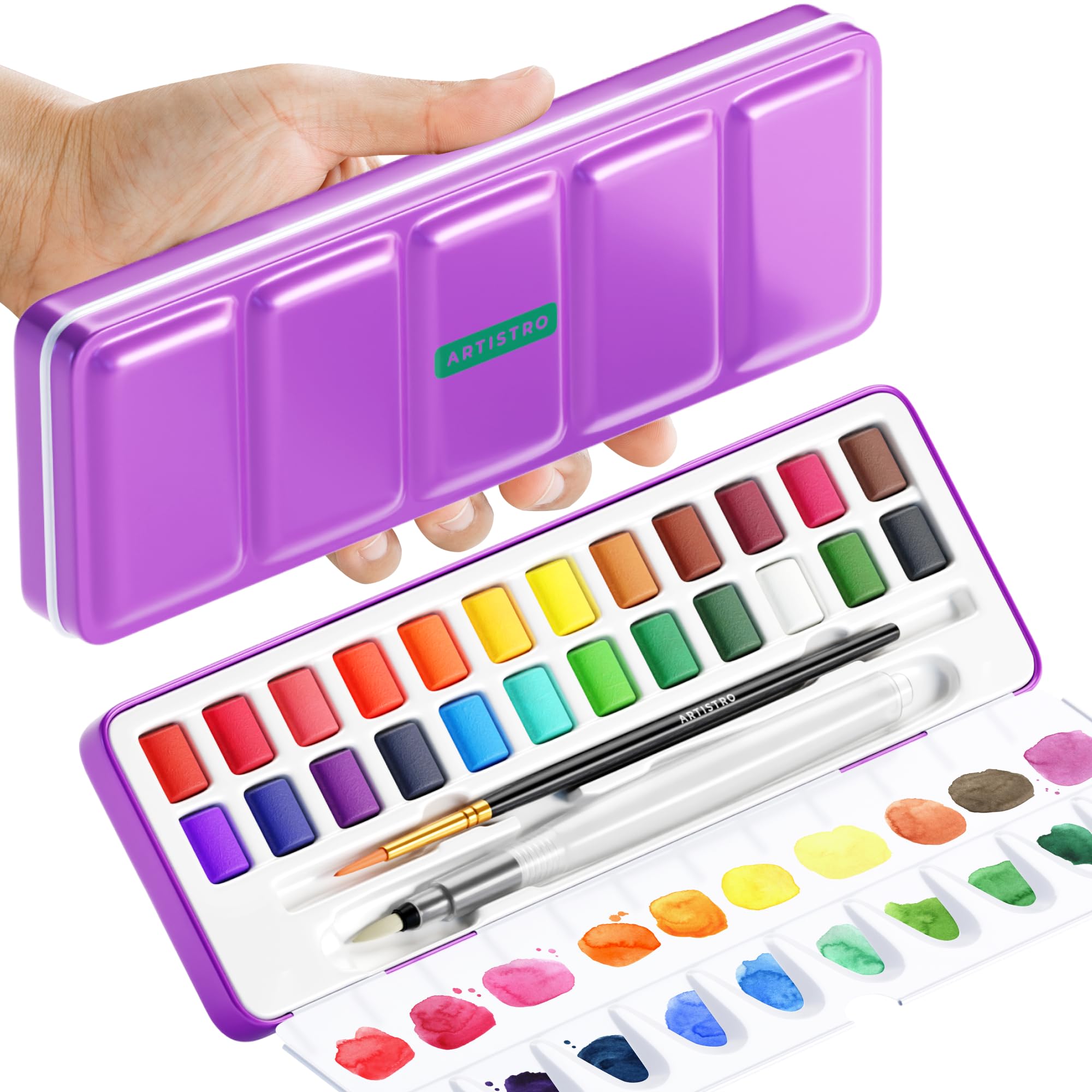ARTISTRO watercolor palette with 24 vibrant colors for studio and travel use.