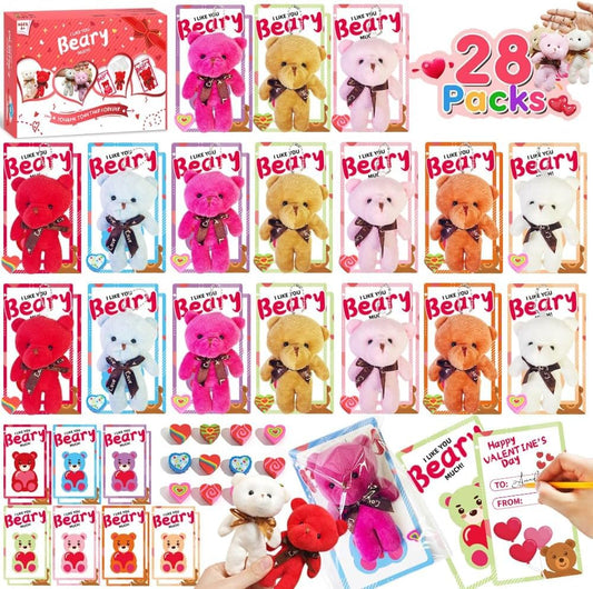 Artnedu mini plush bears bulk pack ready for classroom valentines exchanges.