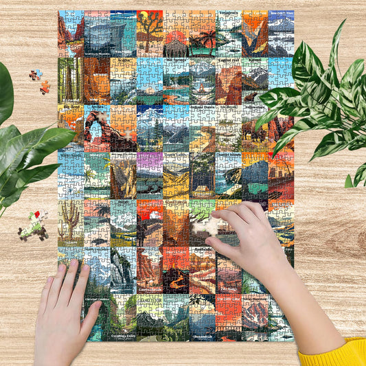 Artnedu National Parks puzzle with Yosemite poster, supports mindful concentration during leisure time.