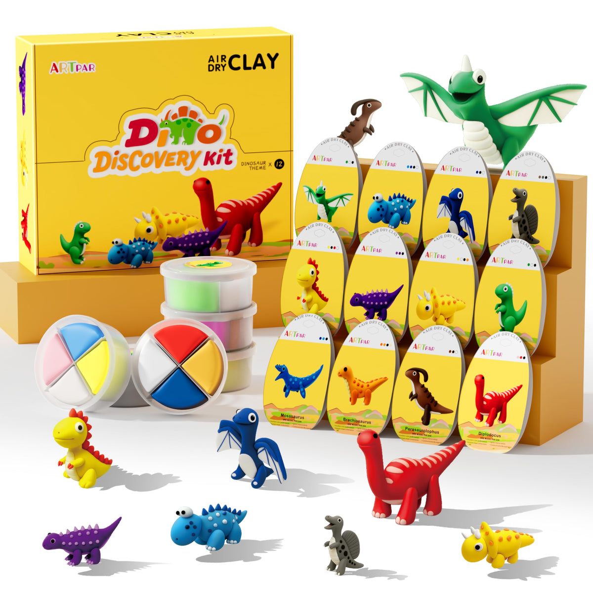 ARTPAR dinosaur clay kit with 12 cans ready for colorful imaginative sculpting.