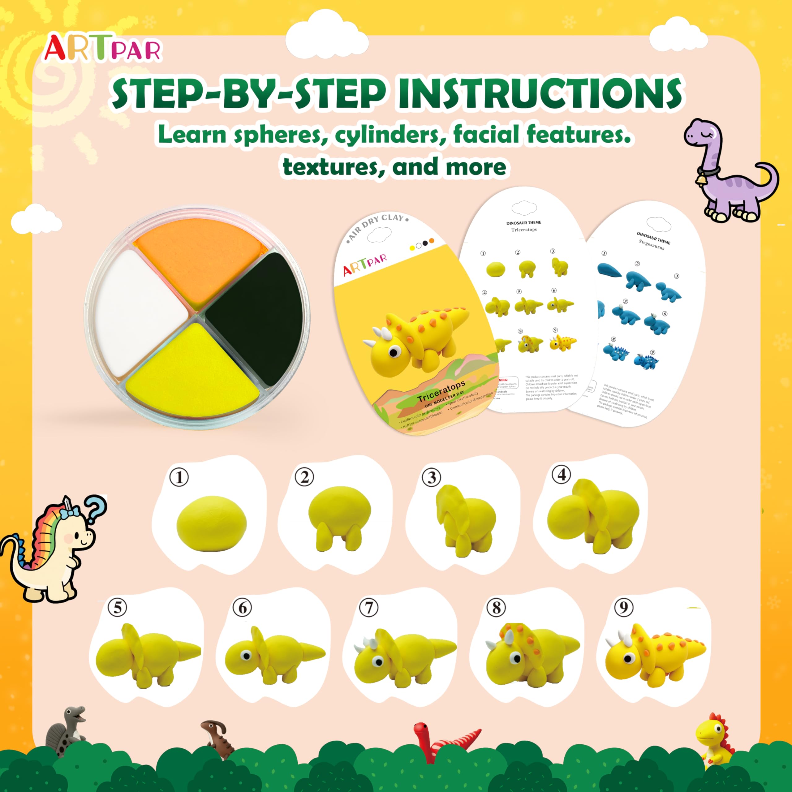 ARTPAR tutorial cards guide kids through 12 dinosaur projects step by step.