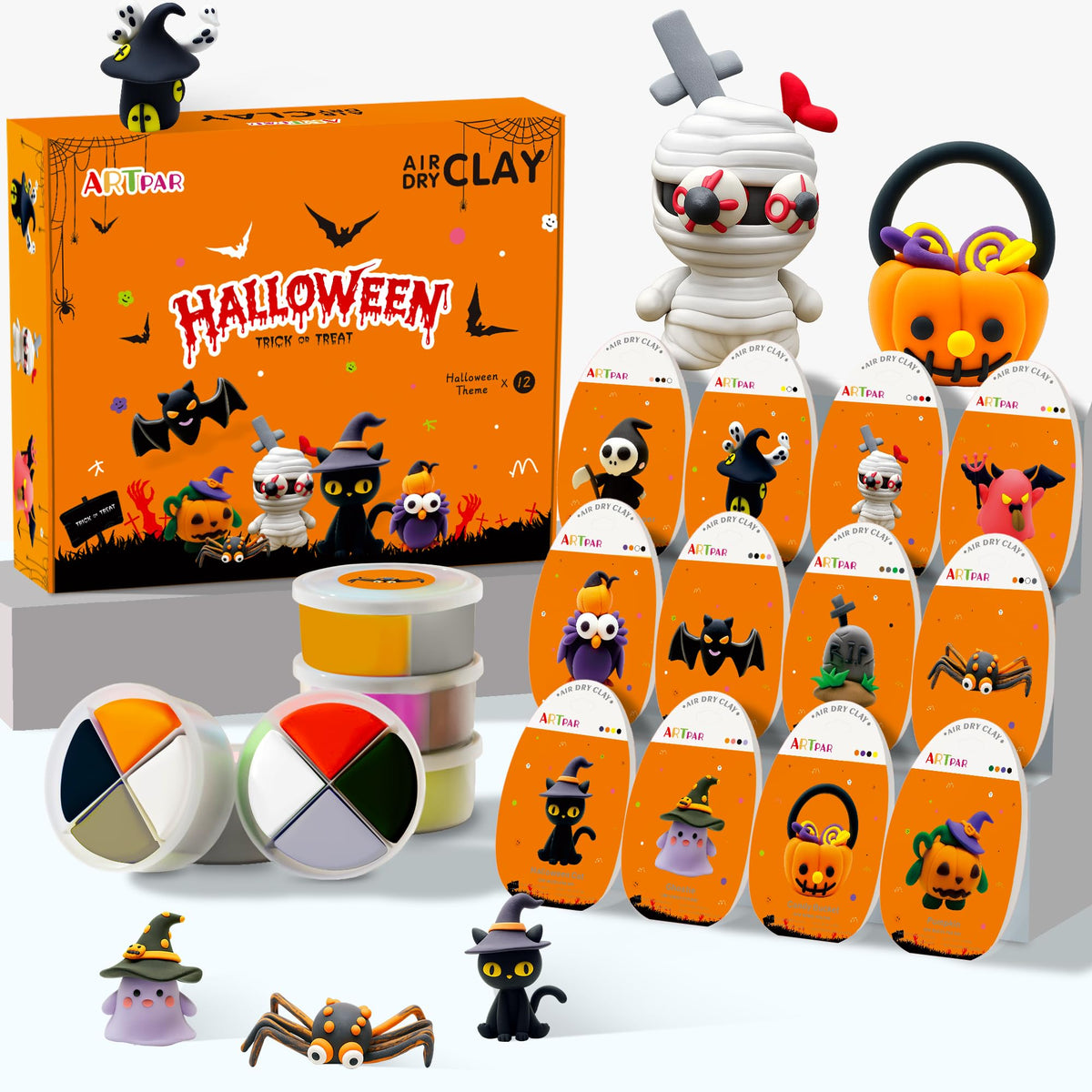 ARTPAR Halloween clay kit with 12 boxes for kids to craft spooky decorations.
