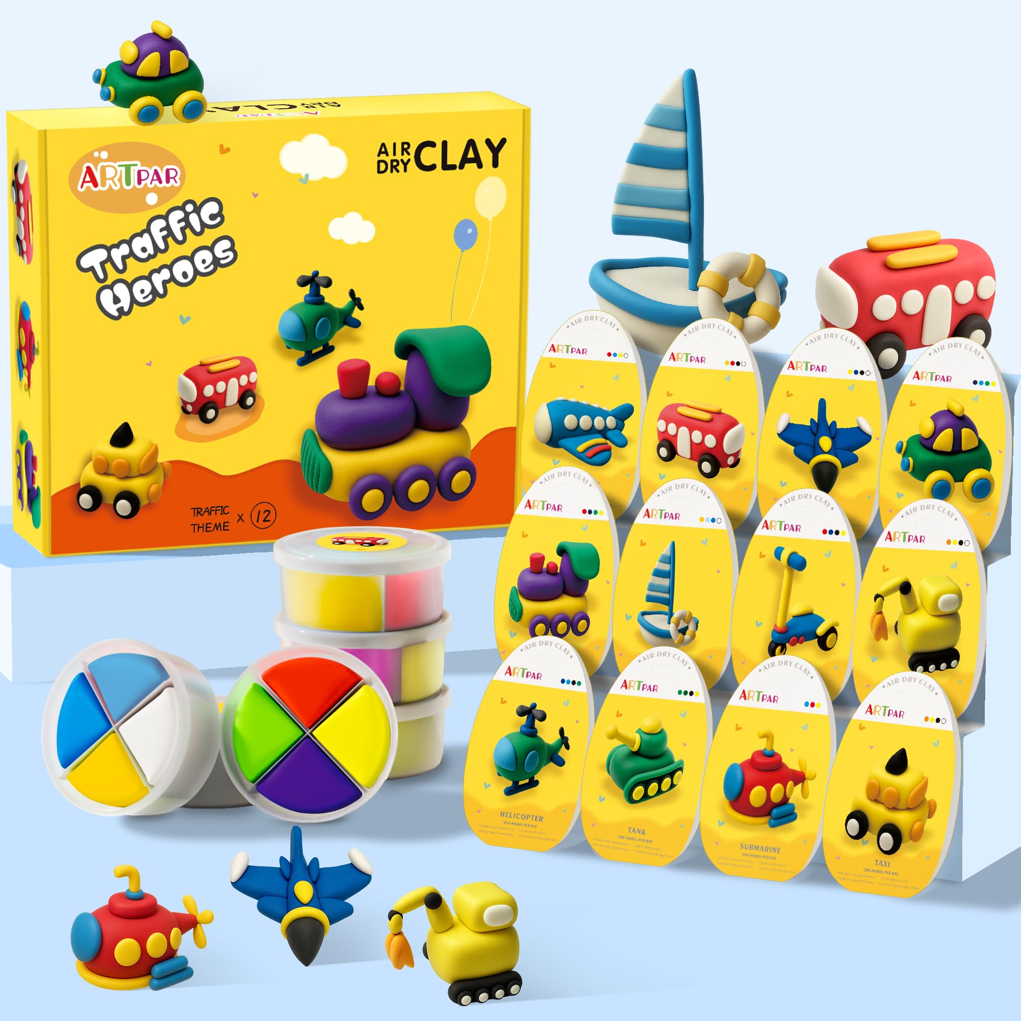 ARTPAR Kids Air Dry Clay Traffic Set with 12 colorful jars for versatile crafts.