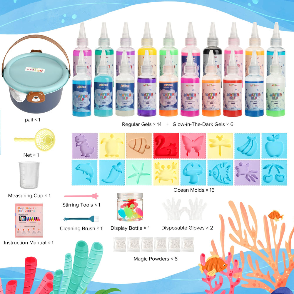 ARTPAR Magic Water Elf sea creature molds with glitter gels for creative shaping.