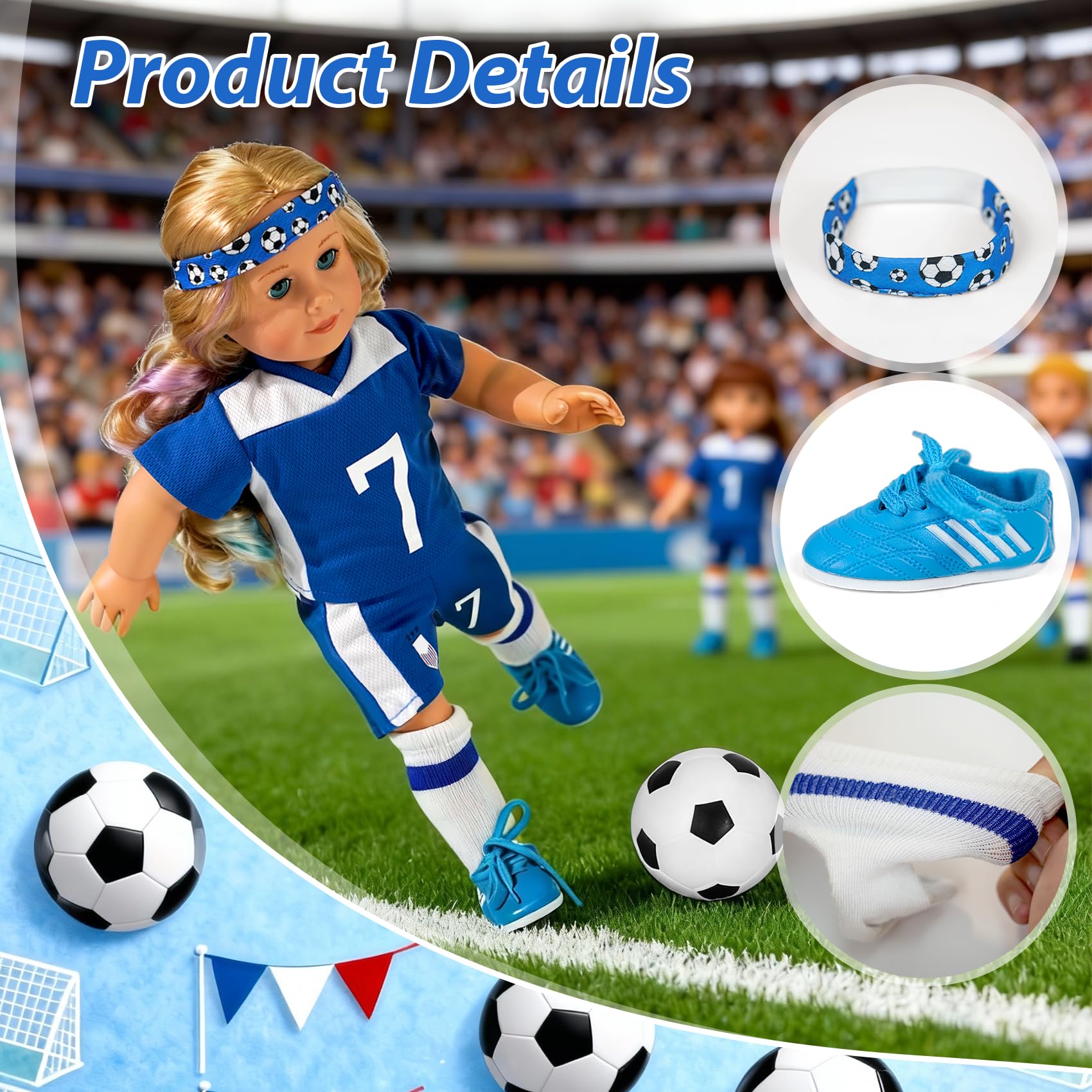 ARTST American 18-inch doll soccer headwear adds authentic detail.