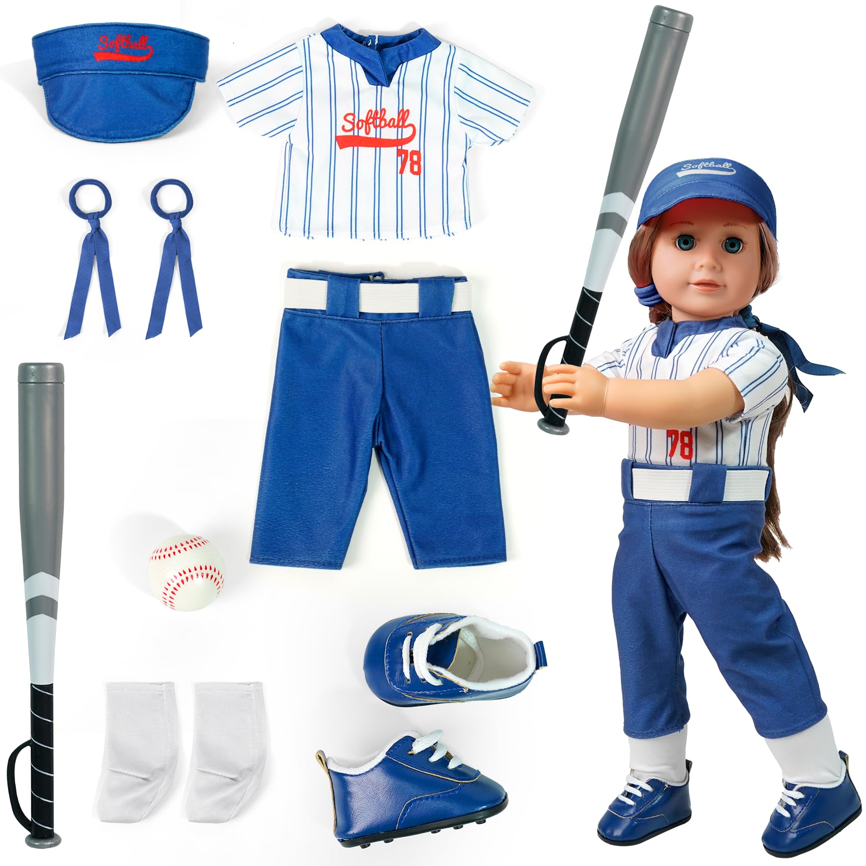 ARTST softball-uniform-hat on doll adds cute, complete game-day look for pretend play