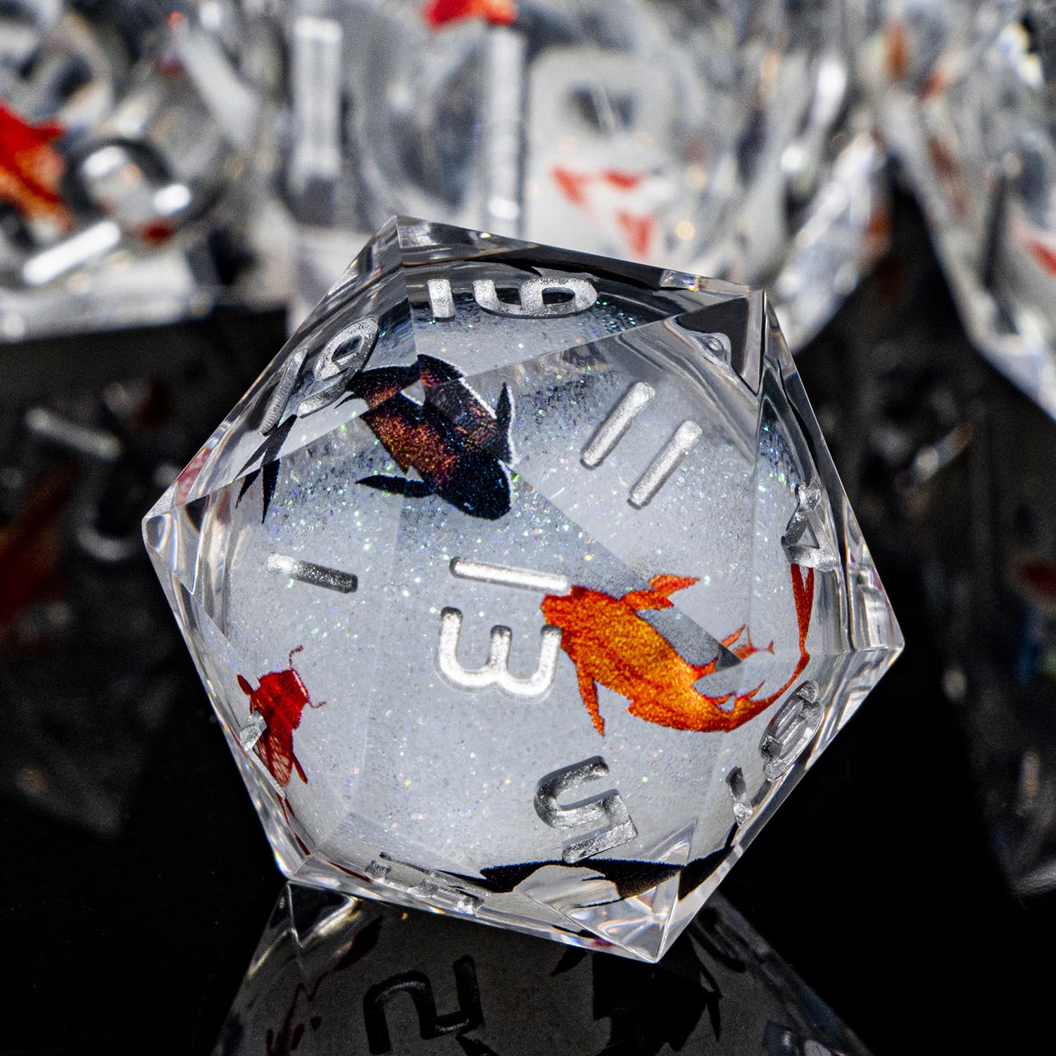 ARUOHHA DND dice liquid core koi fish close-up for vivid gaming.