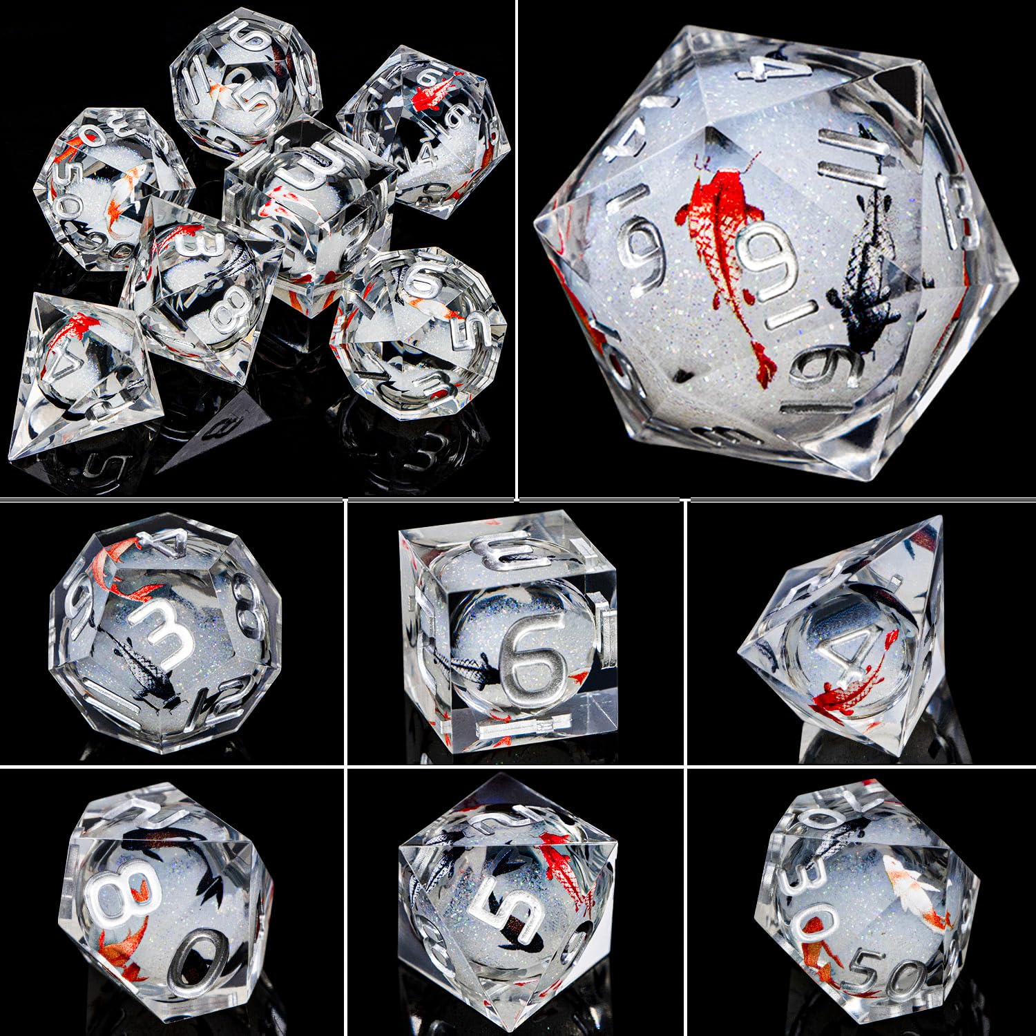 ARUOHHA DND dice polyhedral seven-piece set in metal box for portability.