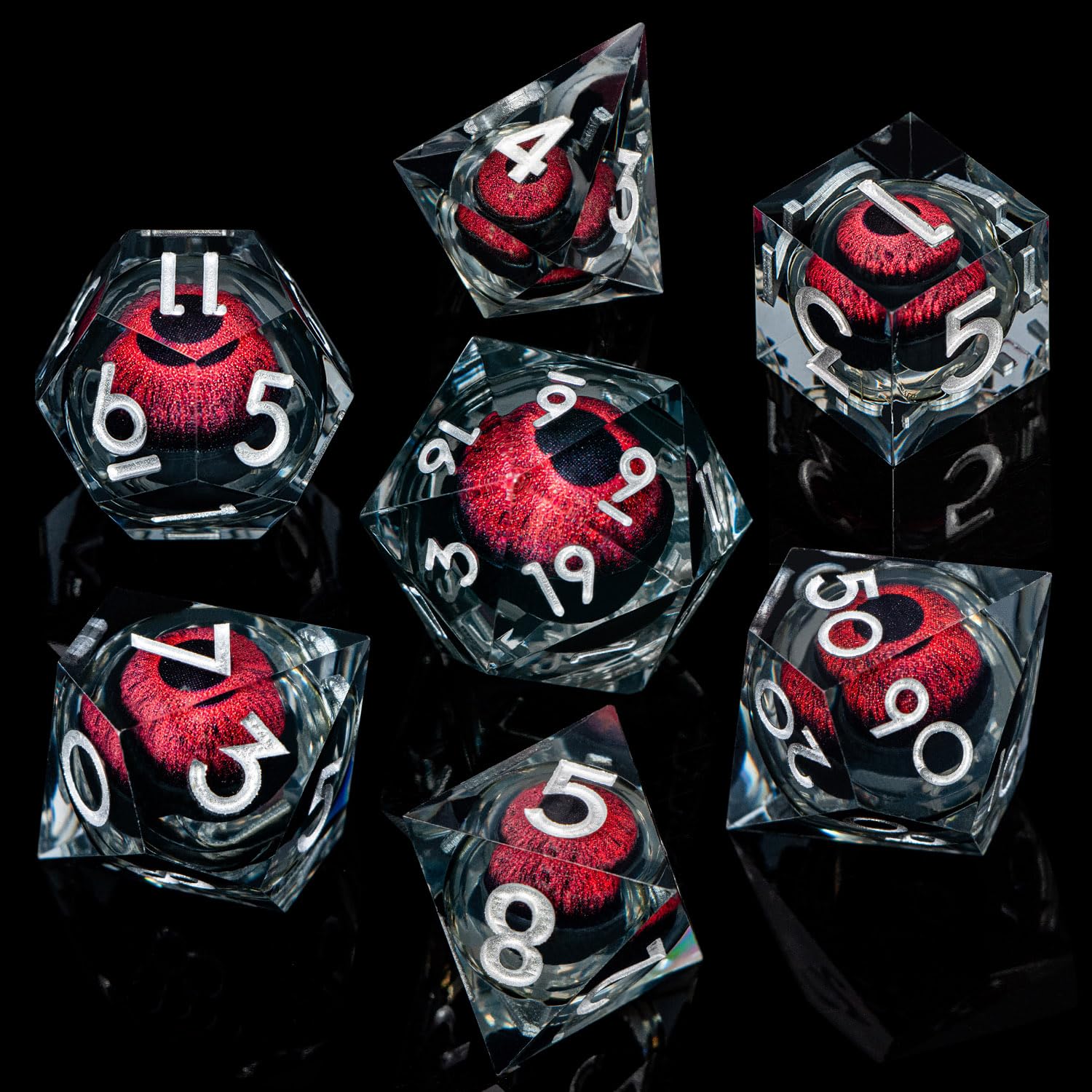 ARUOHHA sharp-edged D&D dice display clear numerals on a transparent surface.