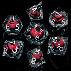 ARUOHHA sharp-edged D&D dice display clear numerals on a transparent surface.