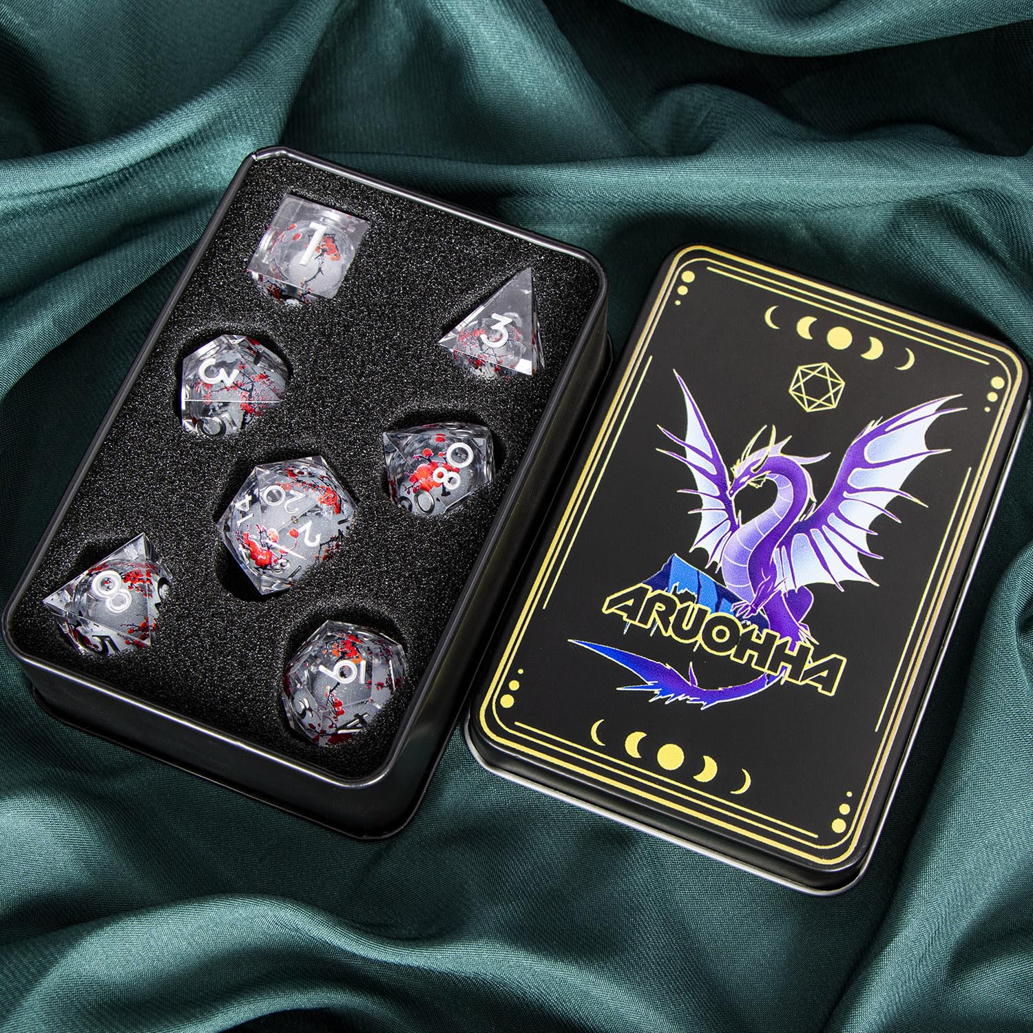ARUOHHA polyhedral dice gift box, ready for gifting and display.
