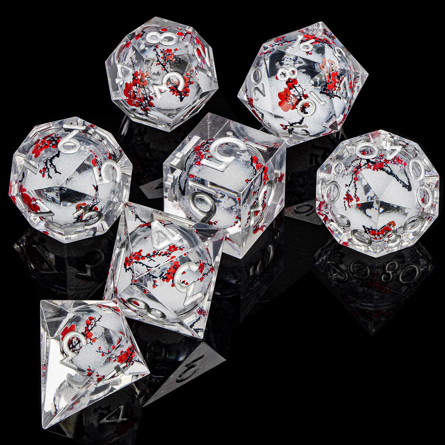 ARUOHHA D4 dice with plum blossom charm and legible numbers.