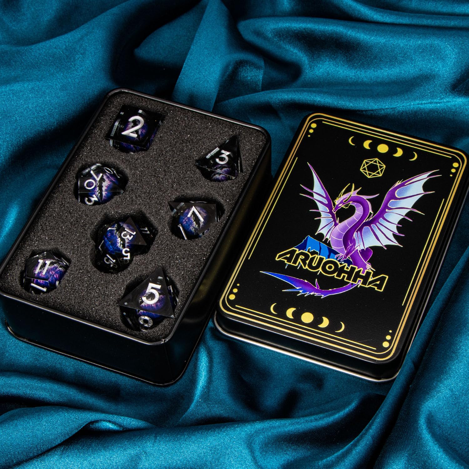 ARUOHHA gift-box purple dice set ready for gifting or display