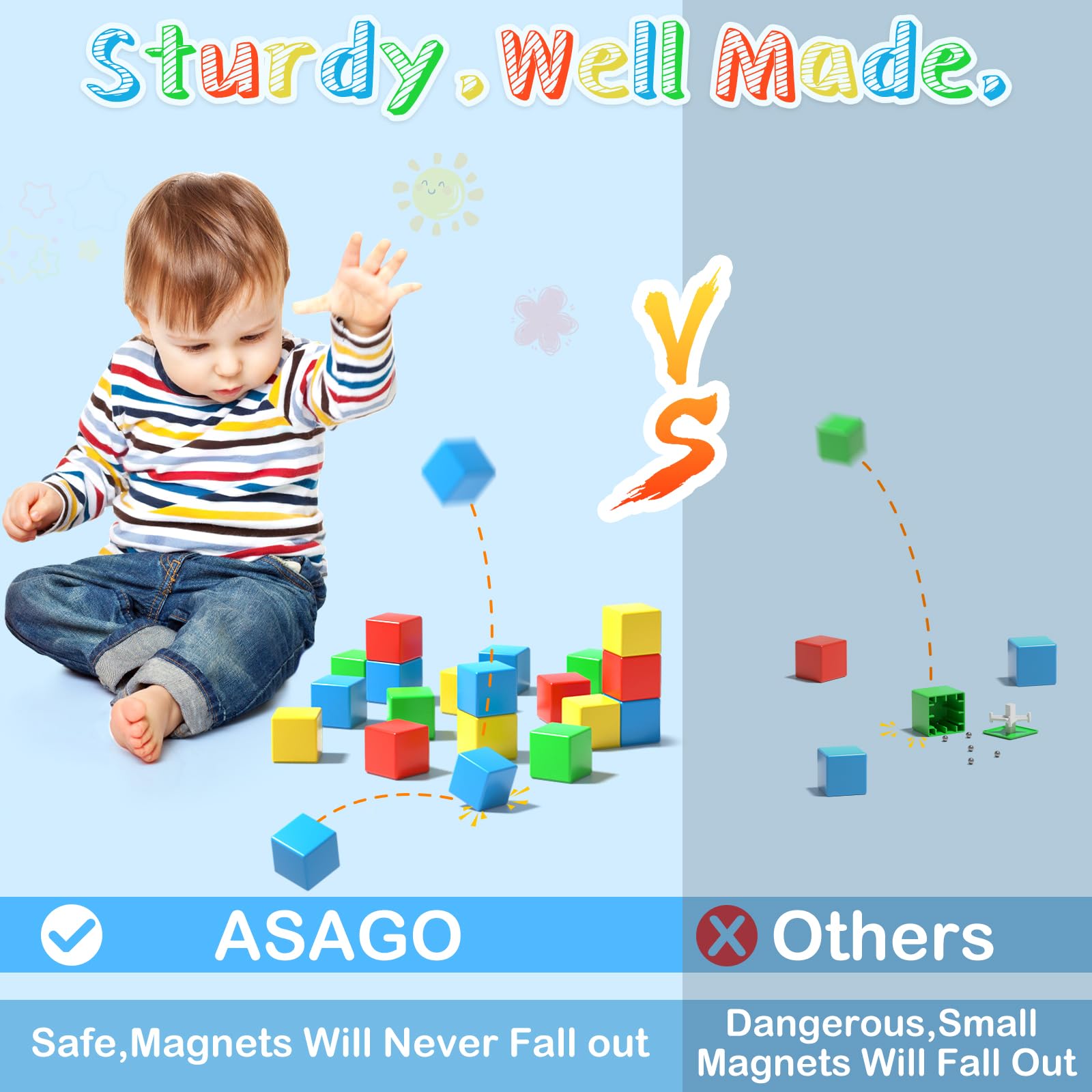 Asago magnetic blocks closeup showing secure magnets for safe construction