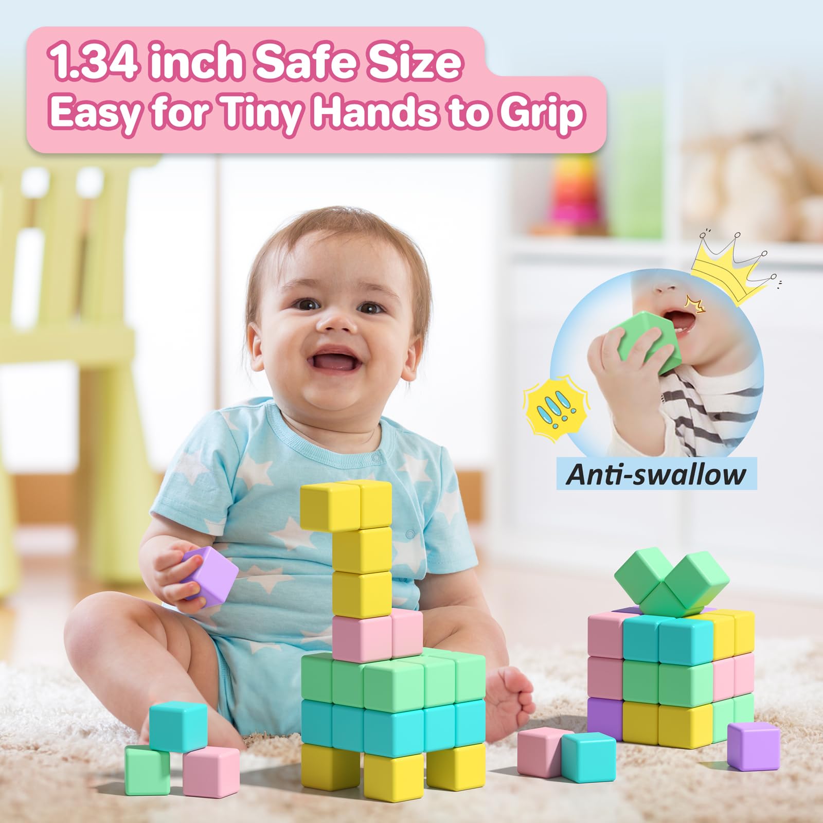 Close-up of colorful Asago blocks showing chunky grips for toddlers.