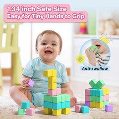 Close-up of colorful Asago blocks showing chunky grips for toddlers.