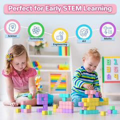 Magnets inside Asago blocks securely connect pieces for sturdy builds.