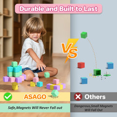 Child stacks a tall Asago block tower to boost spatial skills.