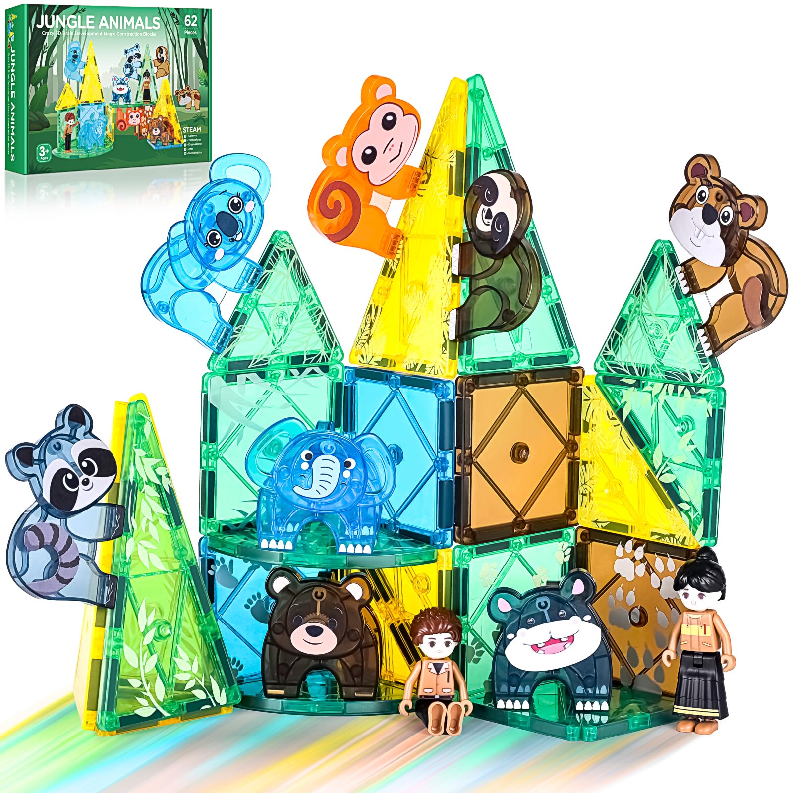 Asago magnetic tiles safari animals assembly invites imaginative play and colorful, sturdy construction for kids' exploration.