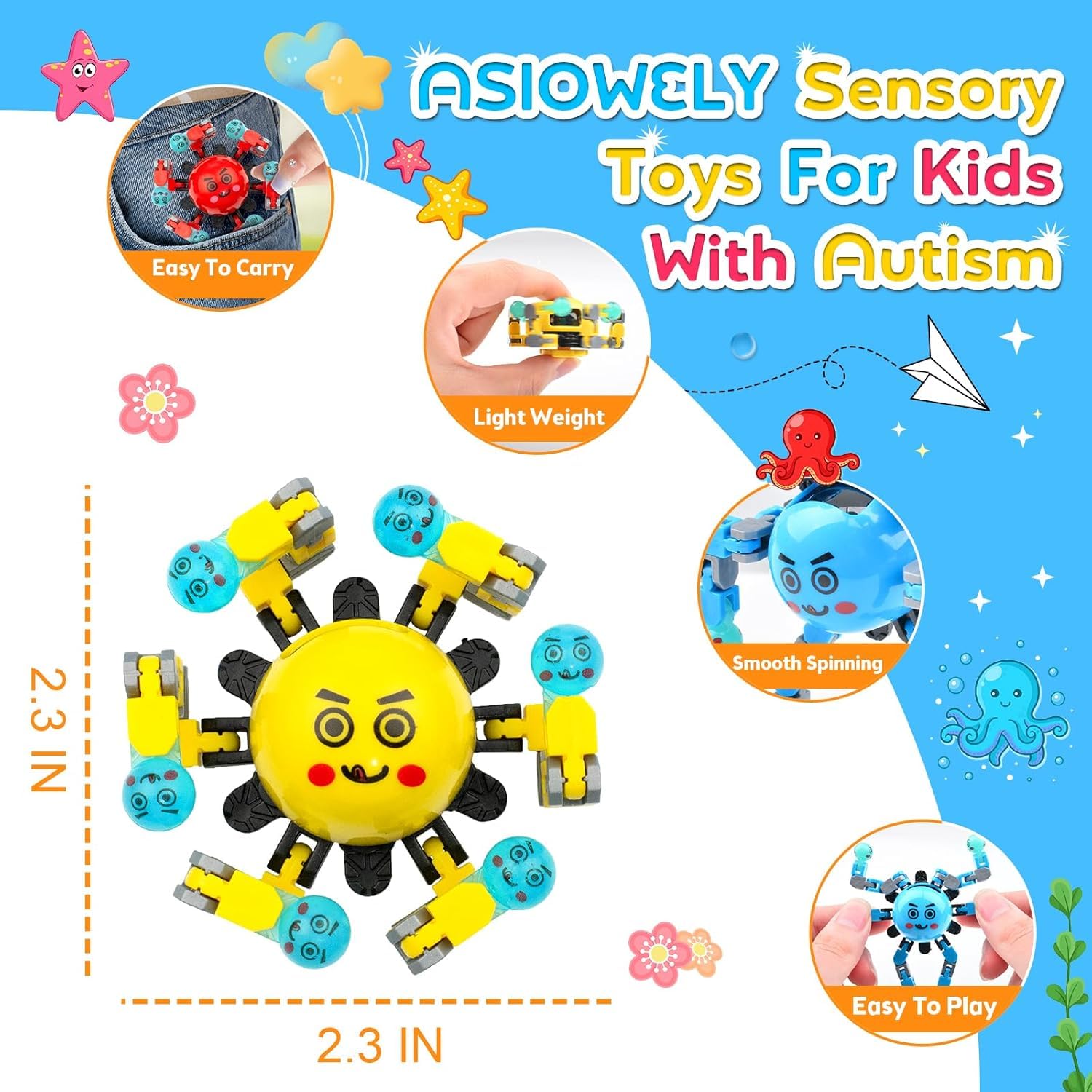ASIOWELY transformable fidget spinner blue delivering smooth 360° spins for calm concentration