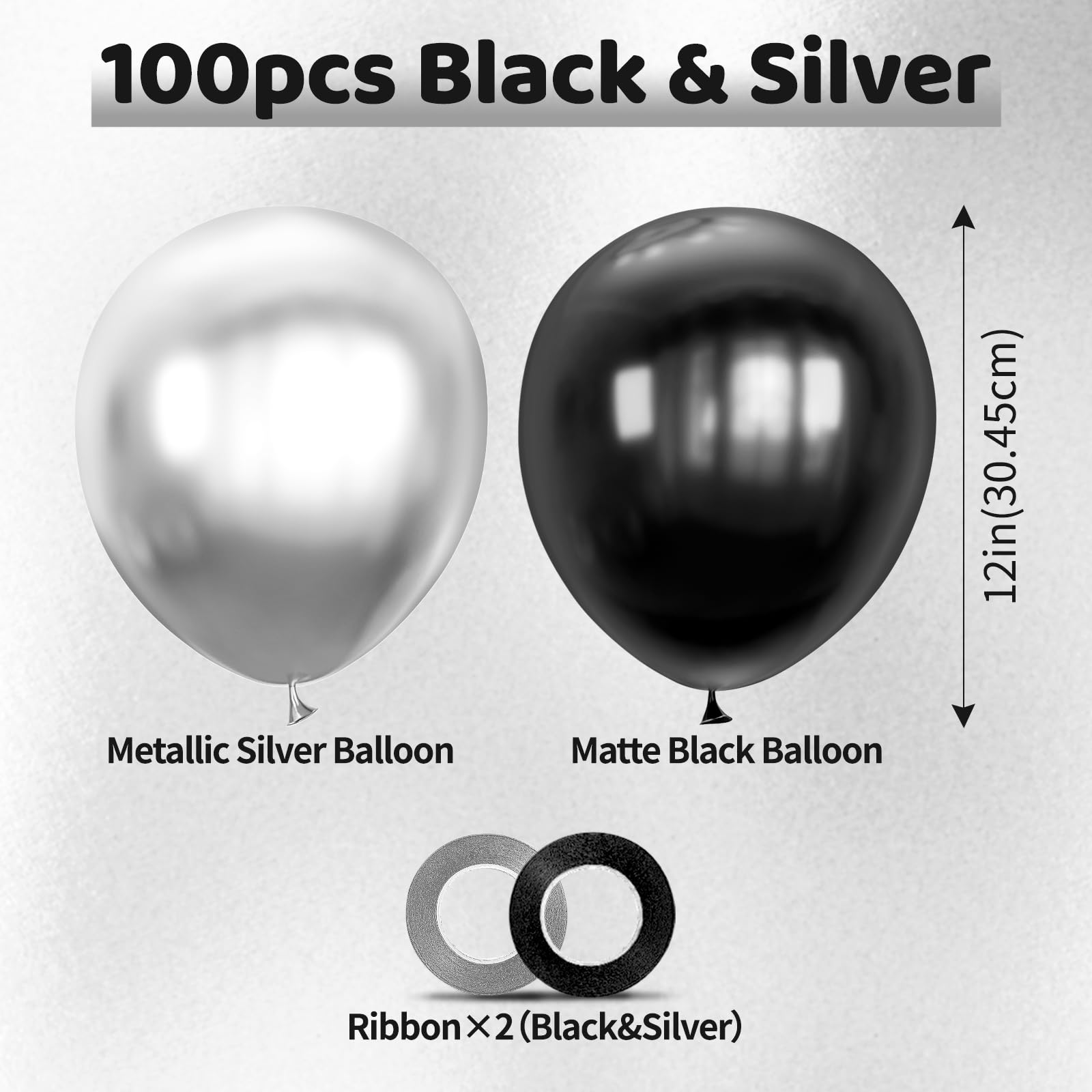 ASIYUHY 12inch black-silver balloons inflated for a bold display.