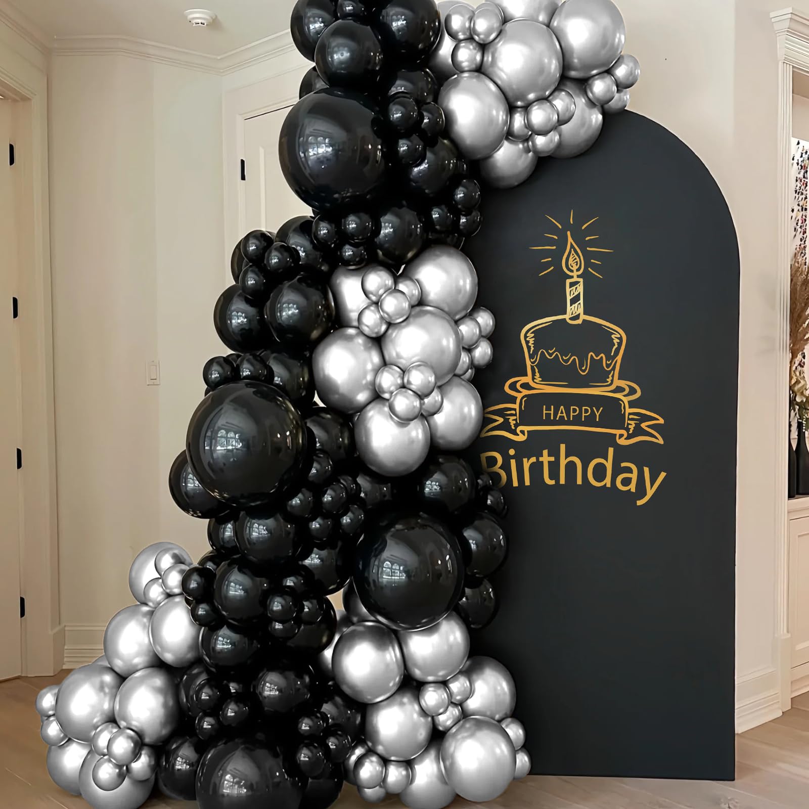 ASIYUHY ribbon rolls coordinate with black and silver balloons.