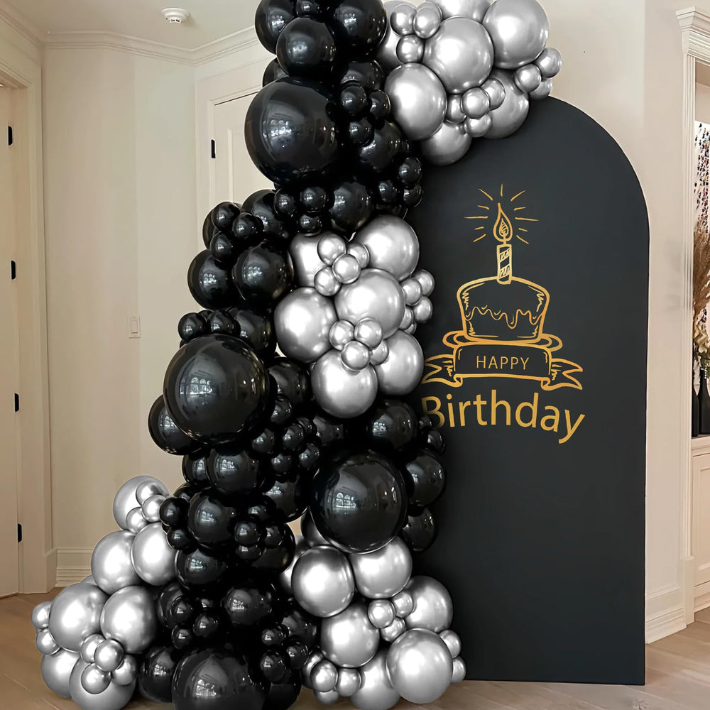 ASIYUHY ribbon rolls coordinate with black and silver balloons.