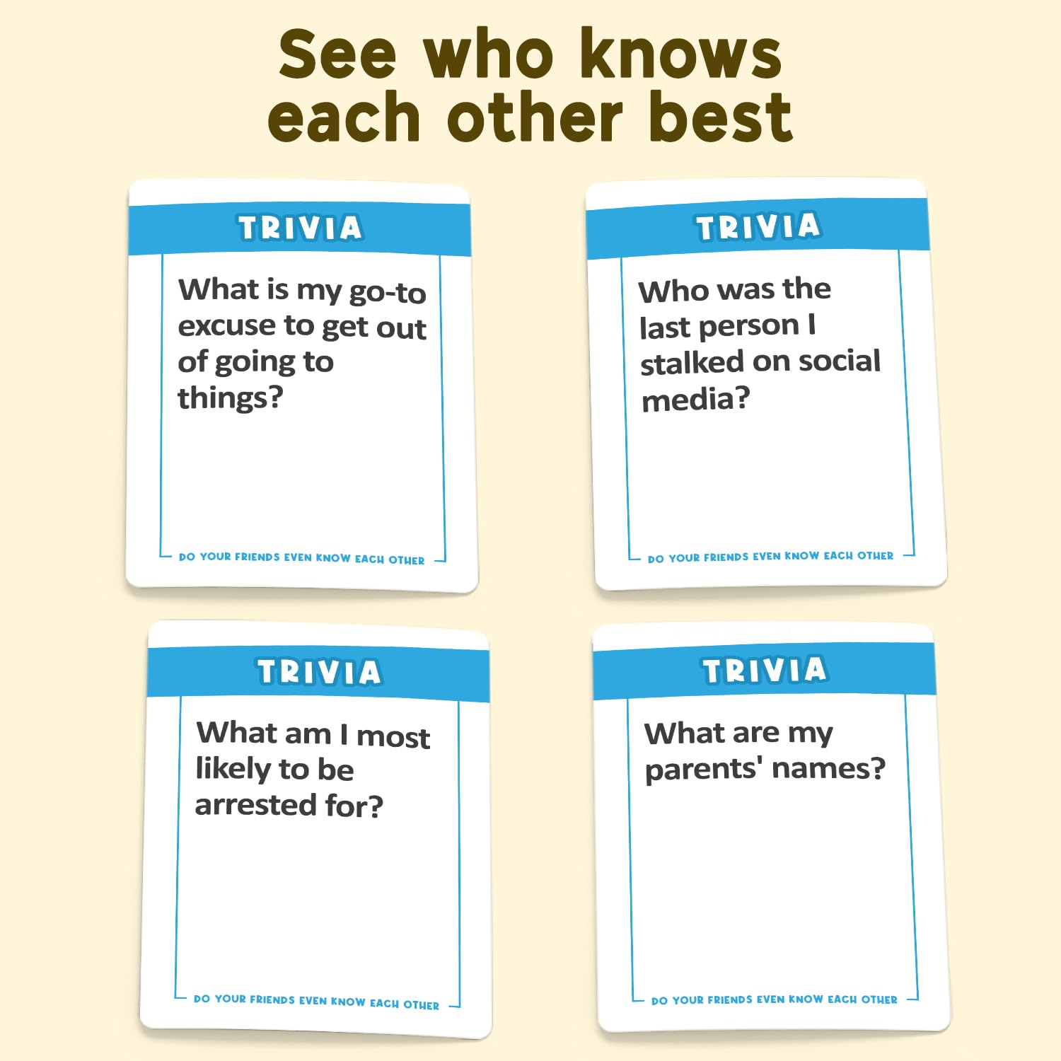 ASM GAMES Do Your Friends Even Know Each Other? game box set up for social storytelling