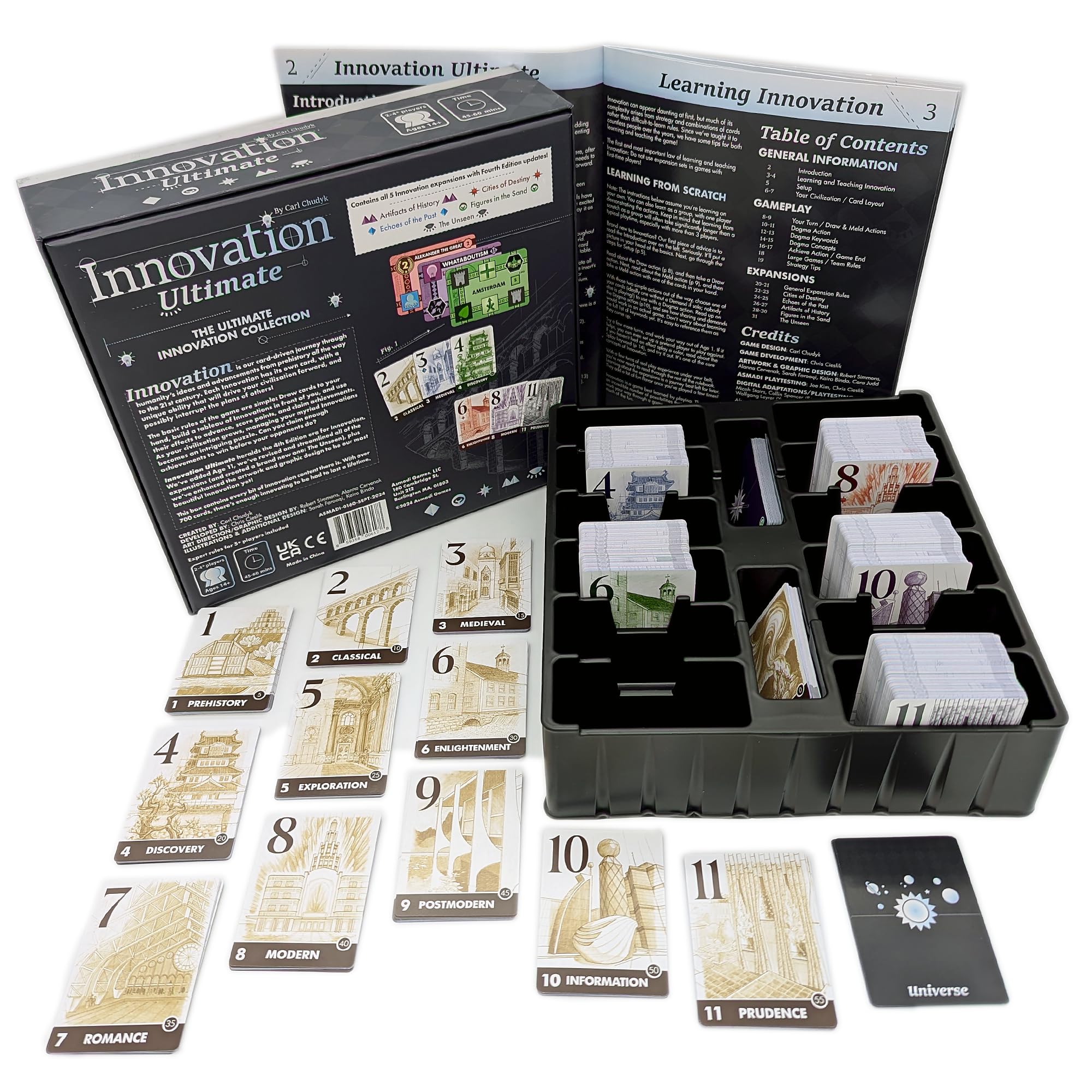 Custom insert keeps sleeved and unsleeved cards organized in Innovation Ultimate.