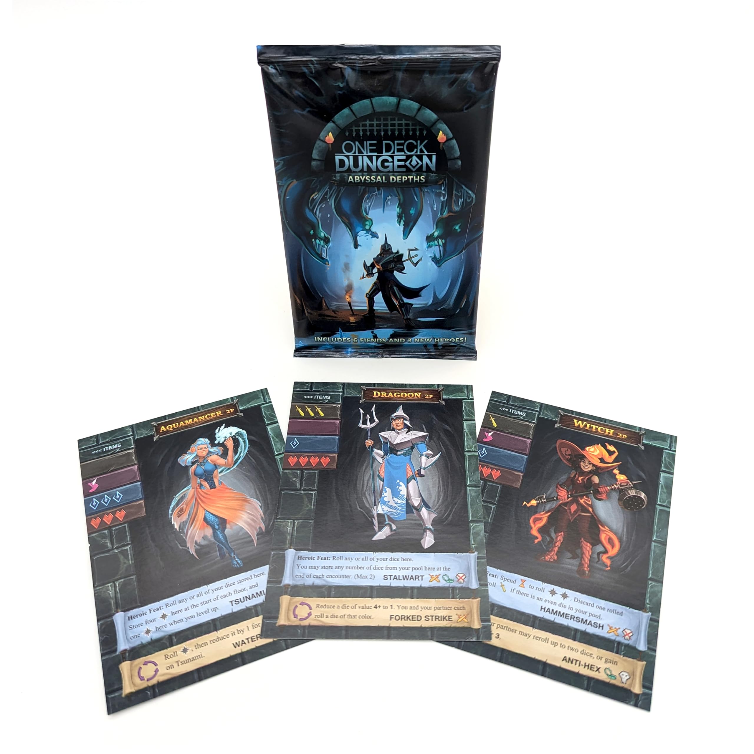 Asmadi Games One Deck Dungeon: Abyssal Depths heroes pack features versatile new characters.